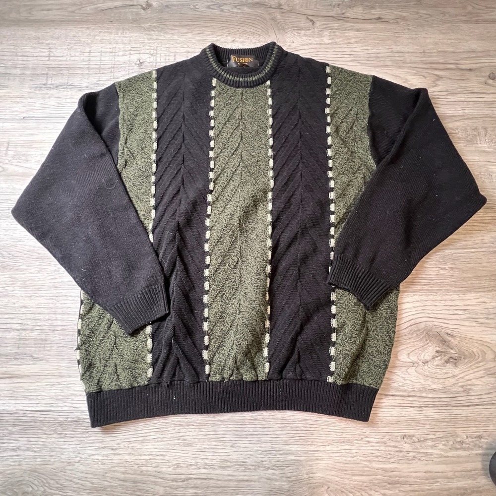Fusion Sweater Mens XL Black Green Colorblock Cable Knit Vintage Coogi Style